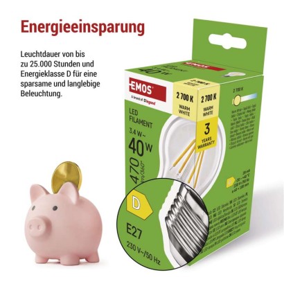 LED Lampe Filament A60 / E27 / 3,4 W (40 W) / 470 lm / Warmweiß