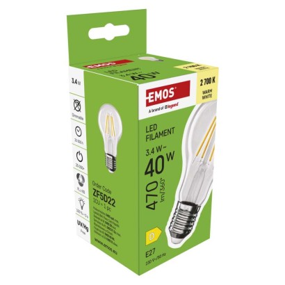 LED žárovka Filament A60 / E27 / 3,4 W (40 W) / 470 lm / teplá bílá