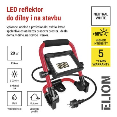 LED reflektor ELION 20W, červeno-černý, IP65, 3000 lm, neutrální bílá