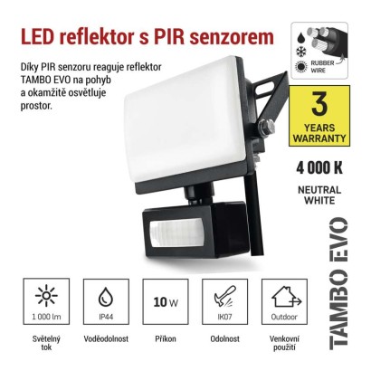 LED reflektor TAMBO EVO se senzorem pohybu, 10 W, 1000 lm, IP65, černý