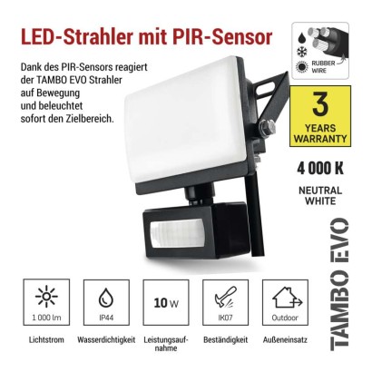LED-Fluter TAMBO EVO mit Bewegungssensor, 10 W, 1000 lm, IP65, schwarz
