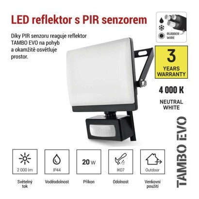 LED reflektor TAMBO EVO  se senzorem pohybu, 20 W, 2000 lm, IP65, černý