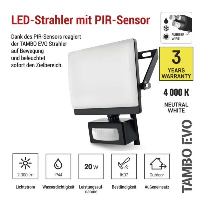 LED-Fluter TAMBO EVO mit Bewegungssensor, 20 W, 2000 lm, IP65, schwarz