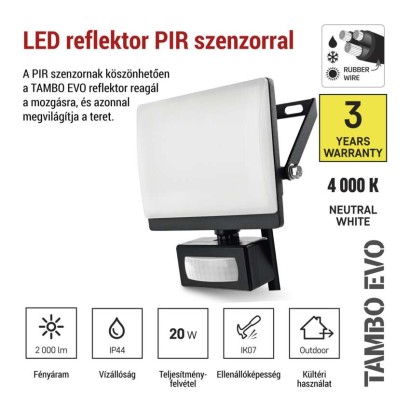 LED-es reflektor TAMBO EVO mozgásérzékelővel, 20 W, 2000 lm, IP65, fekete