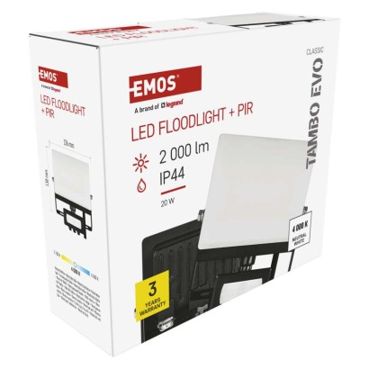 LED reflektor TAMBO EVO  se senzorem pohybu, 20 W, 2000 lm, IP65, černý