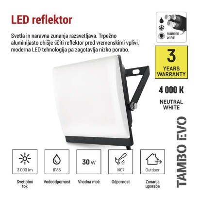 LED reflektor TAMBO EVO, 30 W, 3000 lm, IP65, črna
