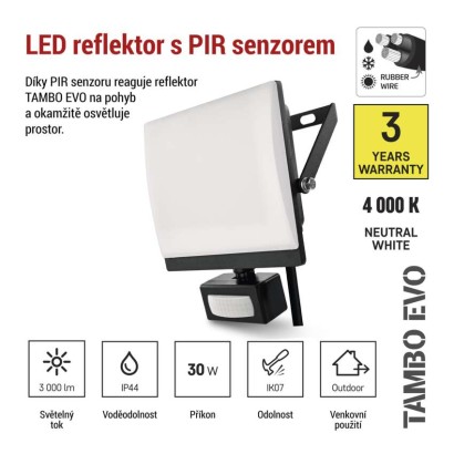 LED reflektor TAMBO EVO se senzorem pohybu, 30 W, 3000 lm, IP65, černý