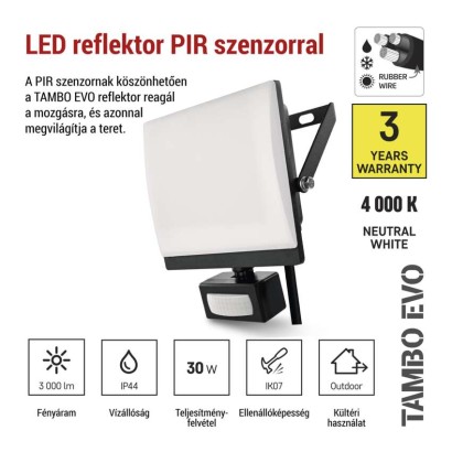 LED-es reflektor TAMBO EVO mozgásérzékelővel, 30 W, 3000 lm, IP65, fekete