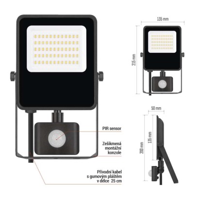 LED reflektor VISIO s pohybovým čidlem, 30 W, černý, neutrální bílá