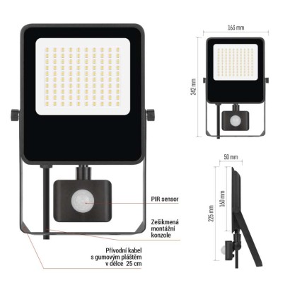 LED reflektor VISIO s pohybovým čidlem, 50 W, černý, neutrální bílá