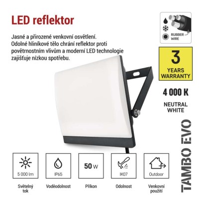 LED reflektor TAMBO EVO, 50 W, 5000 lm, IP65, černý