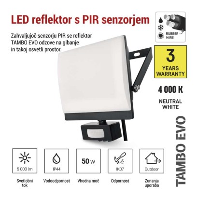 LED reflektor TAMBO EVO s senzorjem gibanja, 50 W, 5000 lm, IP65, črna