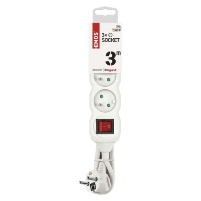 Prodlužovací kabel 3 m / 3 zásuvky / s vypínačem / bílý / PVC / 1 mm2