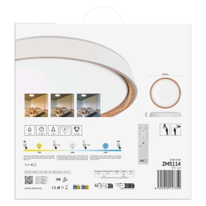 LED přisazené svítidlo ILVI, kruhové 30W, stmív. se změnou CCT, bílá+dřevo