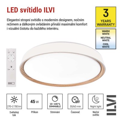 LED přisazené svítidlo ILVI, kruhové 45W, stmív. se změnou CCT, bílá+dřevo