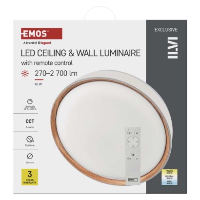 LED přisazené svítidlo ILVI, kruhové 45W, stmív. se změnou CCT, bílá+dřevo