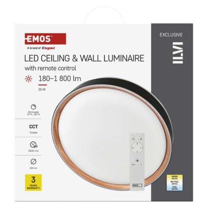 LED přisazené svítidlo ILVI, kruhové 30W, stmívání+CCT, černá+dřevo