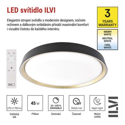 LED přisazené svítidlo ILVI, kruhové 45W, stmívání+CCT, černá+champagne