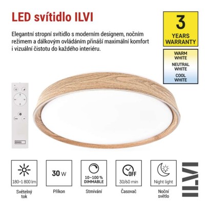 LED přisazené svítidlo ILVI, kruhové 30W, stmívání+CCT, dřevo