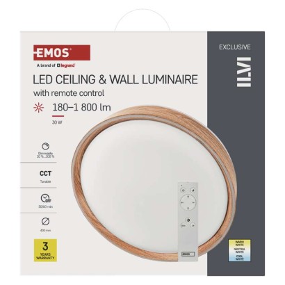 LED přisazené svítidlo ILVI, kruhové 30W, stmívání+CCT, dřevo