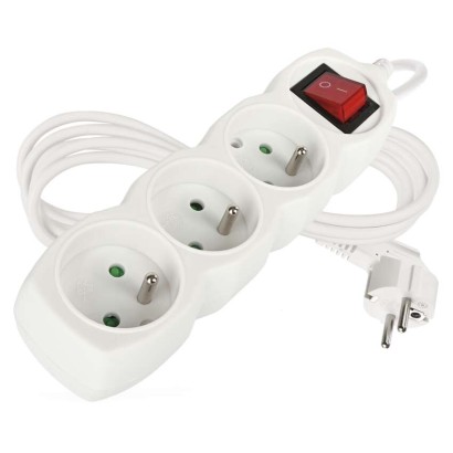 Prodlužovací kabel 2 m / 3 zásuvky / s vypínačem / bílý / PVC / 1 mm2