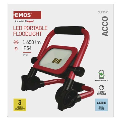 LED prožektorius ACCO įkraunamas, nešiojamas, 20 W, šaltai baltas