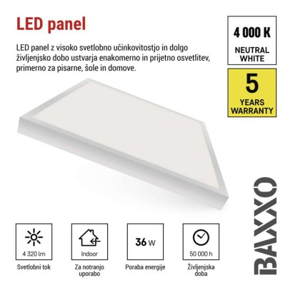 LED panel BAXXO 60 x 60 cm / 50 mm, 36 W, 4 320 lm, nadgradni, nevtralno bela, IP21
