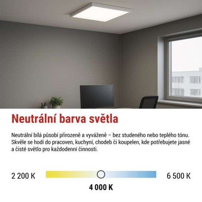 LED panel BAXXO 60 x 60 cm / 50 mm, 36 W, 4 320 lm, přisazený, neutr. bílá, UGR<19, IP21