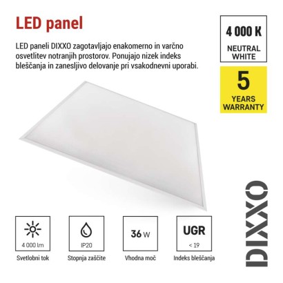 LED panel DIXXO backlit 60×60, kvadratni, vgradni, bel, 36W NW UGR