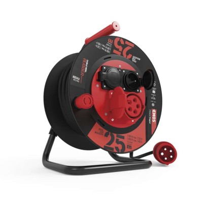 Venkovní prodlužovací kabel na bubnu 25 m / 3 zásuvky / černý / guma / 230V/400V / 1,5 mm2