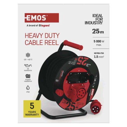 Venkovní prodlužovací kabel na bubnu 25 m / 3 zásuvky / černý / guma / 230V/400V / 1,5 mm2