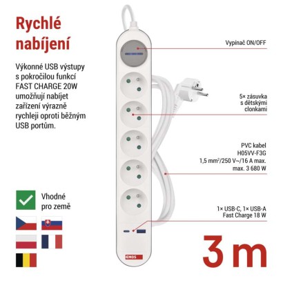 Prodlužovací kabel 3 m / 5 zásuvky / s vypínačem / bílo-šedý / 1×USB-A + 1×USB-C / 1,5 mm2