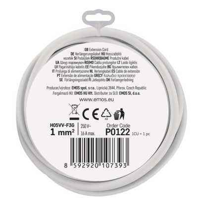 Ilgintuvas 2 m / 1 lizdas / baltas / PVC / 1 mm2 