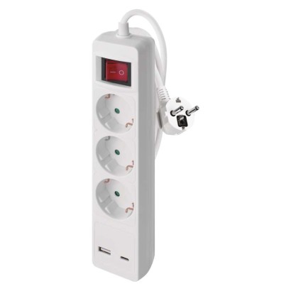 Podaljšek 2 m / 3 vtičnice / s stikalom / beli / 1× USB-A + 1× USB-C / 1,5 mm2