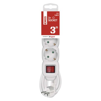 Ilgintuvas 3 m / 3 lizdai / su jungikliu / baltas / PVC / 1,5 mm2 