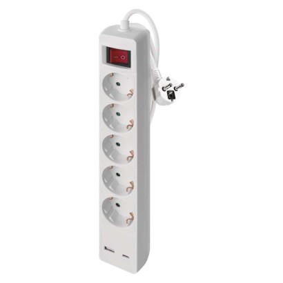 Ilgintuvas 3 m / 5 lizdai / su jungikliu / baltas / 1× USB-A + 1× USB-C / 1,5 mm2 
