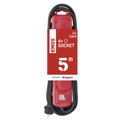 Hosszabbító 5 m / 4 aljzat / kapcsolós / fekete-piros / gumi-neoprén / 1,5 mm2