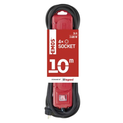 Hosszabbító 10 m / 4 aljzat / kapcsolós / fekete-piros / gumi-neoprén / 1,5 mm2