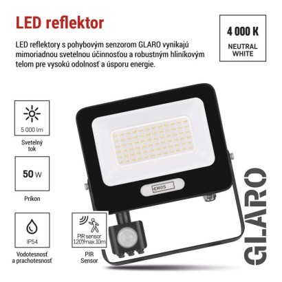 LED reflektor GLARO s pohybovým čidlom, 50 W, čierny, IP54, 5000 lm, neutrálna biela