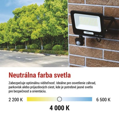 LED reflektor GLARO s pohybovým čidlom, 50 W, čierny, IP54, 5000 lm, neutrálna biela