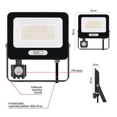 LED reflektor GLARO s pohybovým čidlom, 50 W, čierny, IP54, 5000 lm, neutrálna biela
