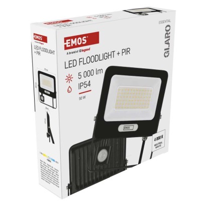 GLARO LED prožektors ar kustības sensoru, 50 W, melns, IP54, 5000 lm, neitrāli balts