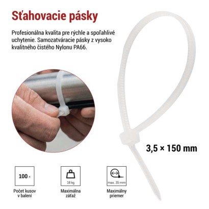 Sťahovacia páska 150×3,5, biela, 100 ks