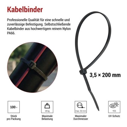 Kabelbinder 200×3,5, schwarz, 100 Stk