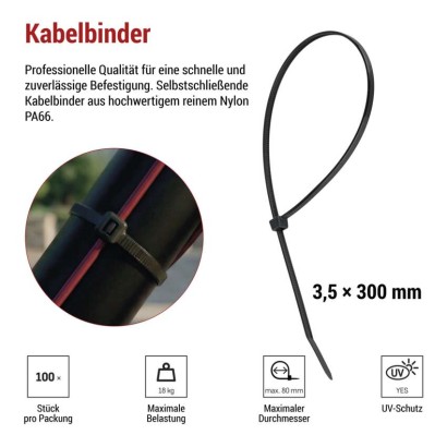 Kabelbinder 300×3,5, schwarz, 100 Stk