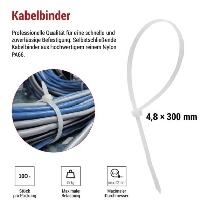 Kabelbinder 300×4,8, weiss, 100 Stk