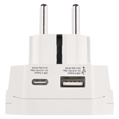 Universalus kelioninis adapteris Vidurio Europai, baltas, 1×USB-C, 1×USB-A