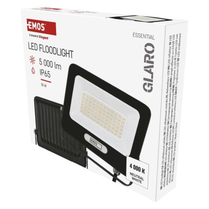 LED prožektorius GLARO 50 W, melns, IP65, 5000 lm, neitrāli balts
