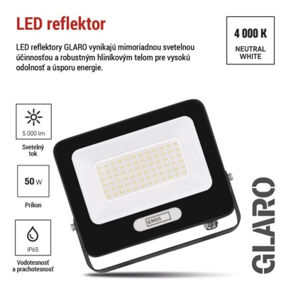 LED reflektor GLARO 50W, čierny, IP65, 5000 lm, neutrálna biela