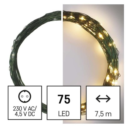 LED Ziemassvētku nano virtene, zaļa, 7,5 m, liet. ārā un iekštelpās, silti balta, ar taim.